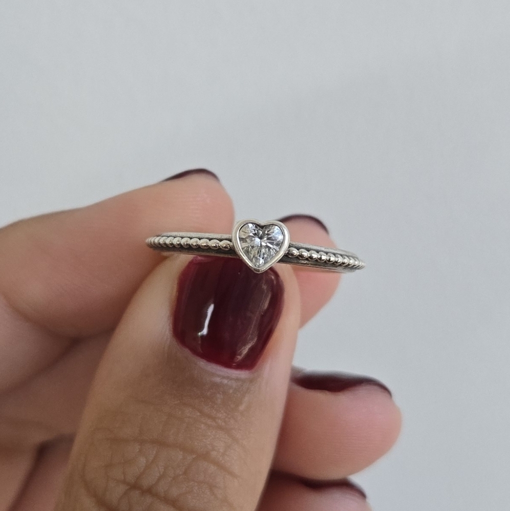 Pandora Beaded Crystal Silver Heart Ring - Size 8
